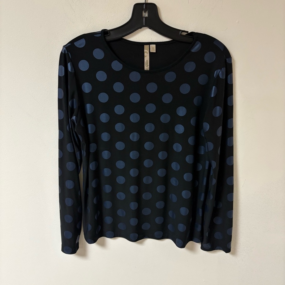 Comfy Women Polka Dot Long Sleeve Top - Black and Blue Polyester Blend Medium